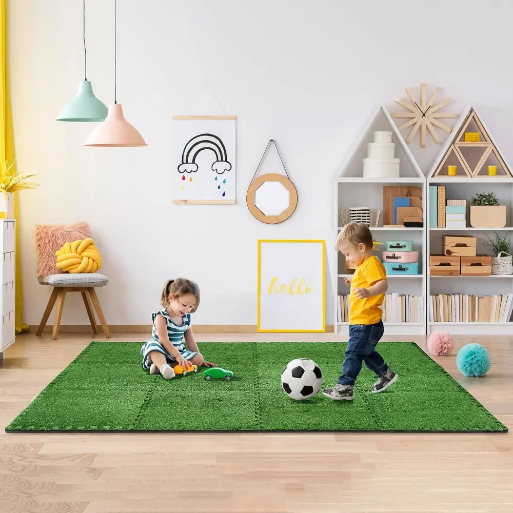 Grass Foam Floor Tiles - 12 Interlocking Mats of 24"X24” Total of 48 Sq Ft for Kids Outdoor Toys, Playroom, Deck, Patio, Baseme