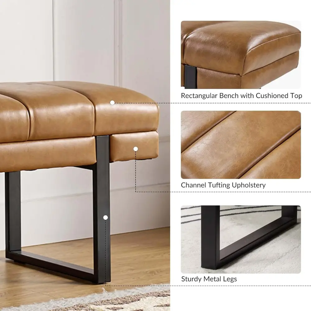 HULALA HOME 53" Button Tufted Ottoman Bench Faux Leather Upholstered Bedroom Bench Padded End of Bed Bench with Metal Base Mid-C