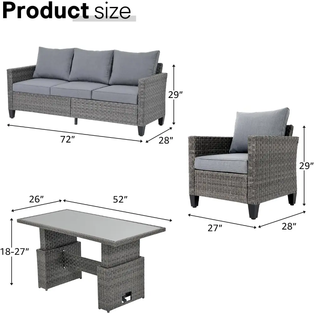 Outdoor Patio Furniture Set 4 Piece Wicker Conversation Set with Lift Coffee Table Sectional Dining Set 3 Seat Sofa Couch with