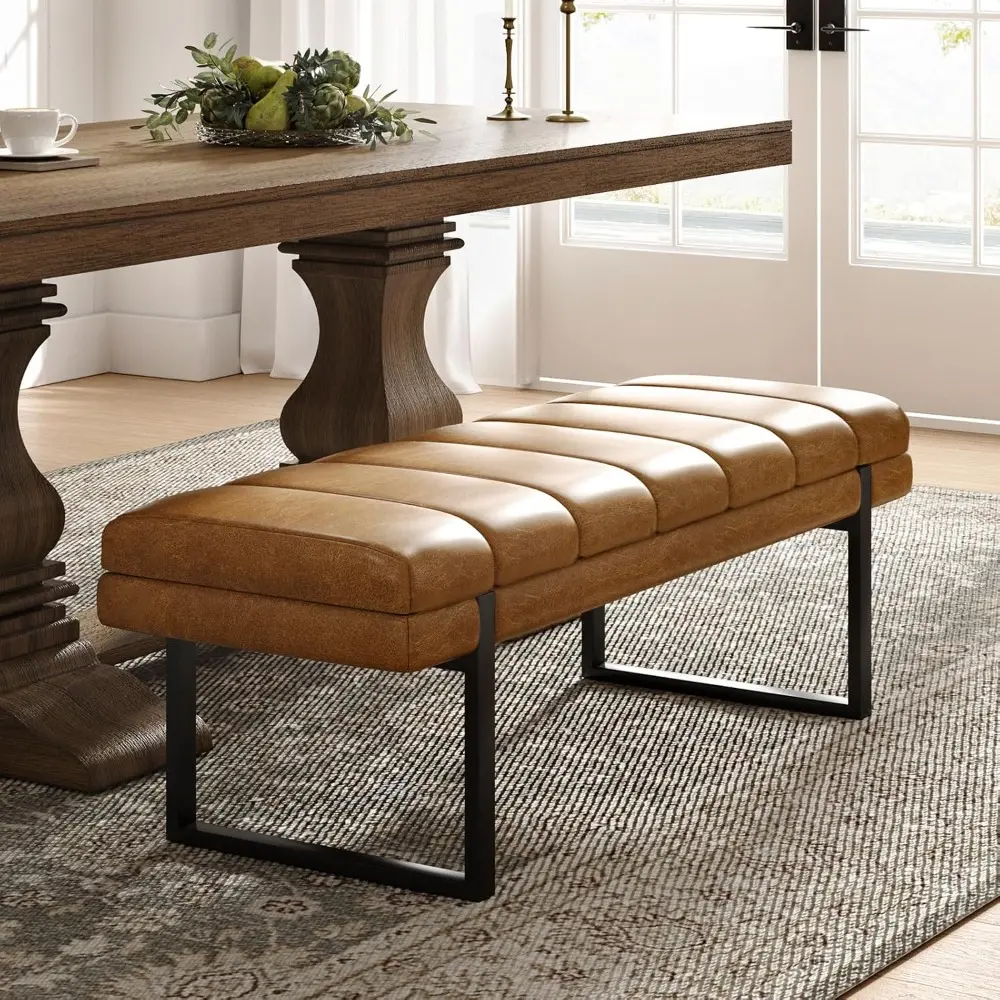 HULALA HOME 53" Button Tufted Ottoman Bench Faux Leather Upholstered Bedroom Bench Padded End of Bed Bench with Metal Base Mid-C