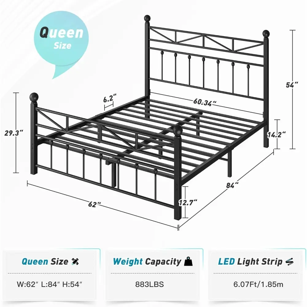 EnHomee 54" Contemporary Metal Bed Frame Queen Size with Tall Headboard, LED Light Queen Size Bed Frame, Sturdy Metal Slats Supp