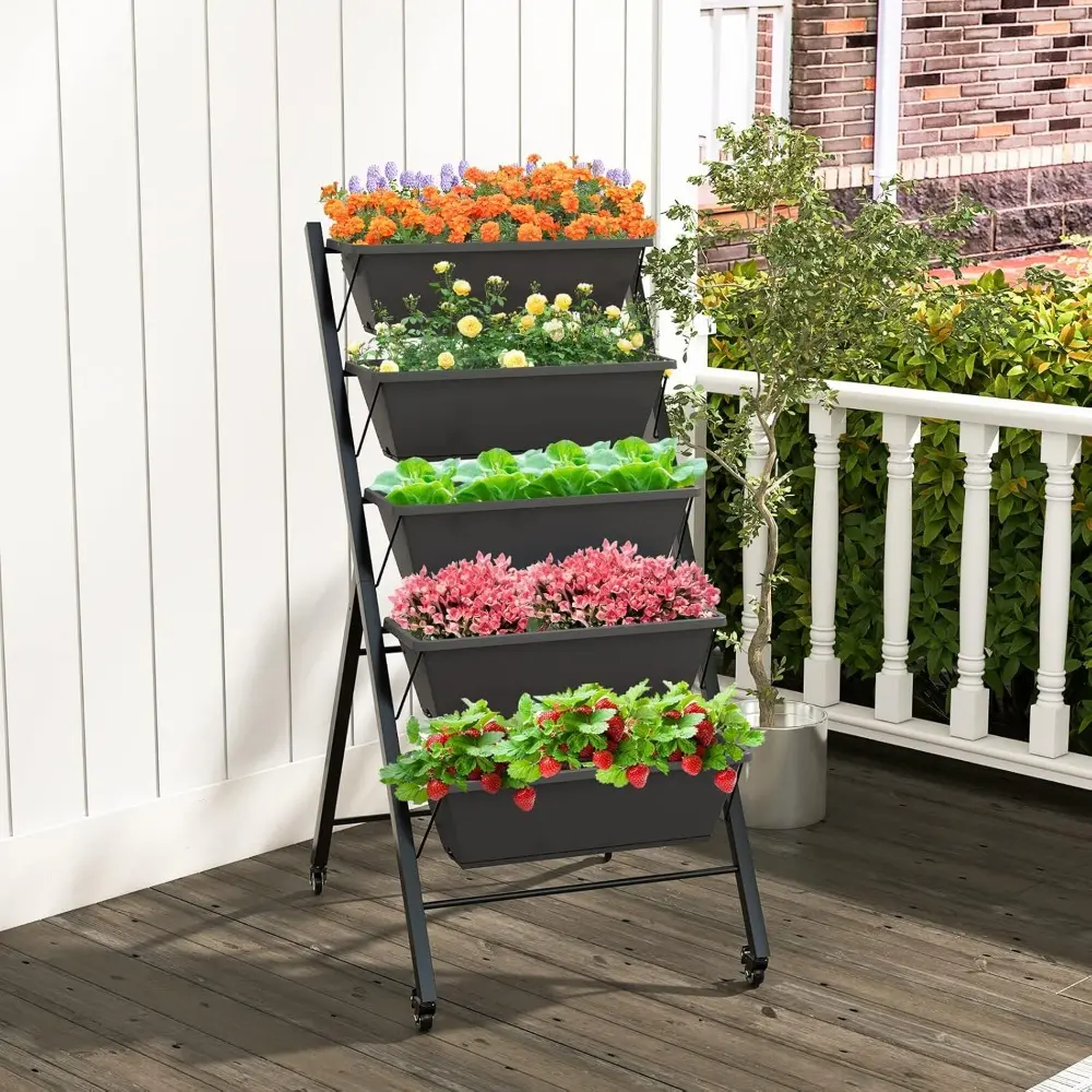 Giantex Set of 2 Vertical Raised Garden Bed on Wheels, Elevated Planter Raised Beds with Water Drainage, Freestanding 5 Containe