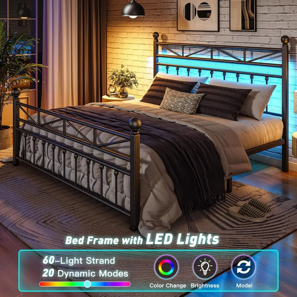 EnHomee 54" Contemporary Metal Bed Frame Queen Size with Tall Headboard, LED Light Queen Size Bed Frame, Sturdy Metal Slats Supp