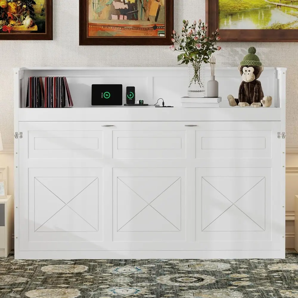 Twin XL Murphy Bed, Cabinet Murphy Bed with Desk, LED Light and USB Charging Station, Can Be Folded into Cabinet, Foldable Bed F