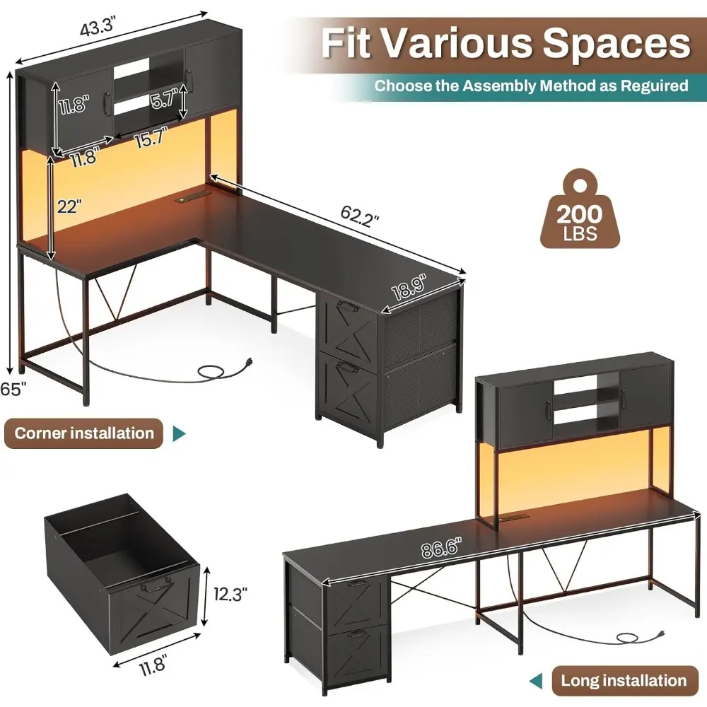 Corner Computer Desk, Reversible L Shaped Computer Desk with Fabric Drawers and Power Outlet, Gaming Desk with Led Lights, Hutc