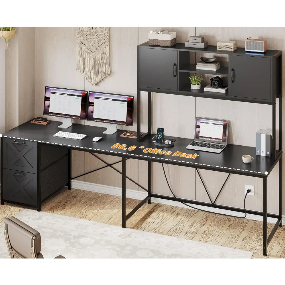 Corner Computer Desk, Reversible L Shaped Computer Desk with Fabric Drawers and Power Outlet, Gaming Desk with Led Lights, Hutc