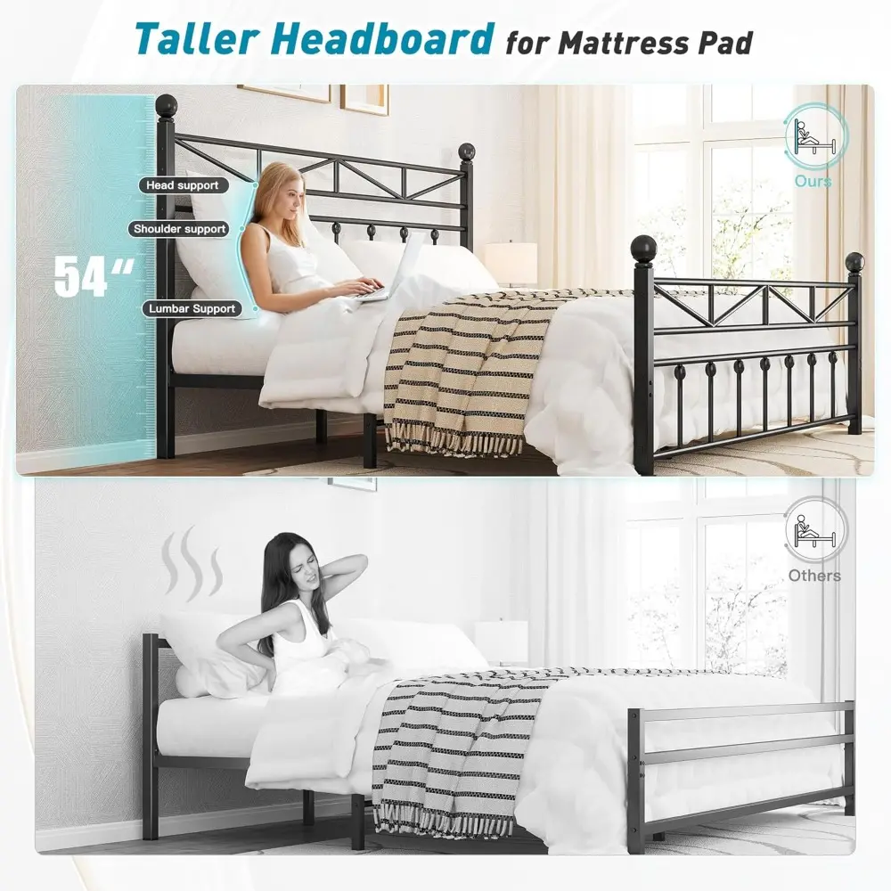 EnHomee 54" Contemporary Metal Bed Frame Queen Size with Tall Headboard, LED Light Queen Size Bed Frame, Sturdy Metal Slats Supp
