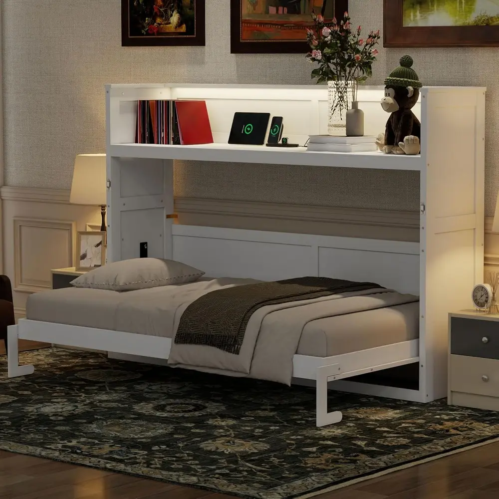 Twin XL Murphy Bed, Cabinet Murphy Bed with Desk, LED Light and USB Charging Station, Can Be Folded into Cabinet, Foldable Bed F