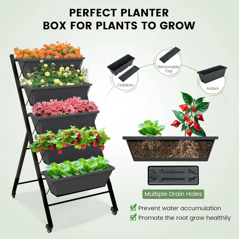 Giantex Set of 2 Vertical Raised Garden Bed on Wheels, Elevated Planter Raised Beds with Water Drainage, Freestanding 5 Containe