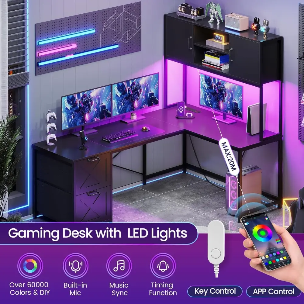 Corner Computer Desk, Reversible L Shaped Computer Desk with Fabric Drawers and Power Outlet, Gaming Desk with Led Lights, Hutc