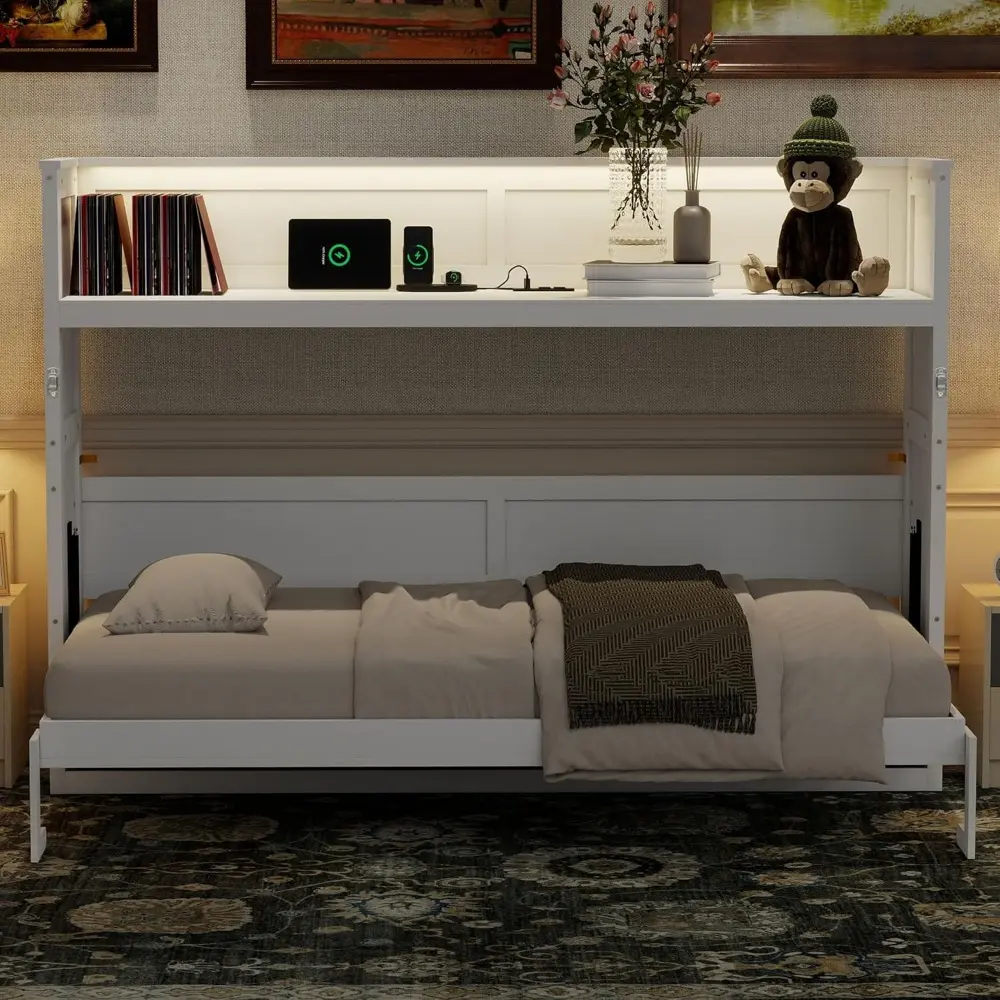 Twin XL Murphy Bed, Cabinet Murphy Bed with Desk, LED Light and USB Charging Station, Can Be Folded into Cabinet, Foldable Bed F