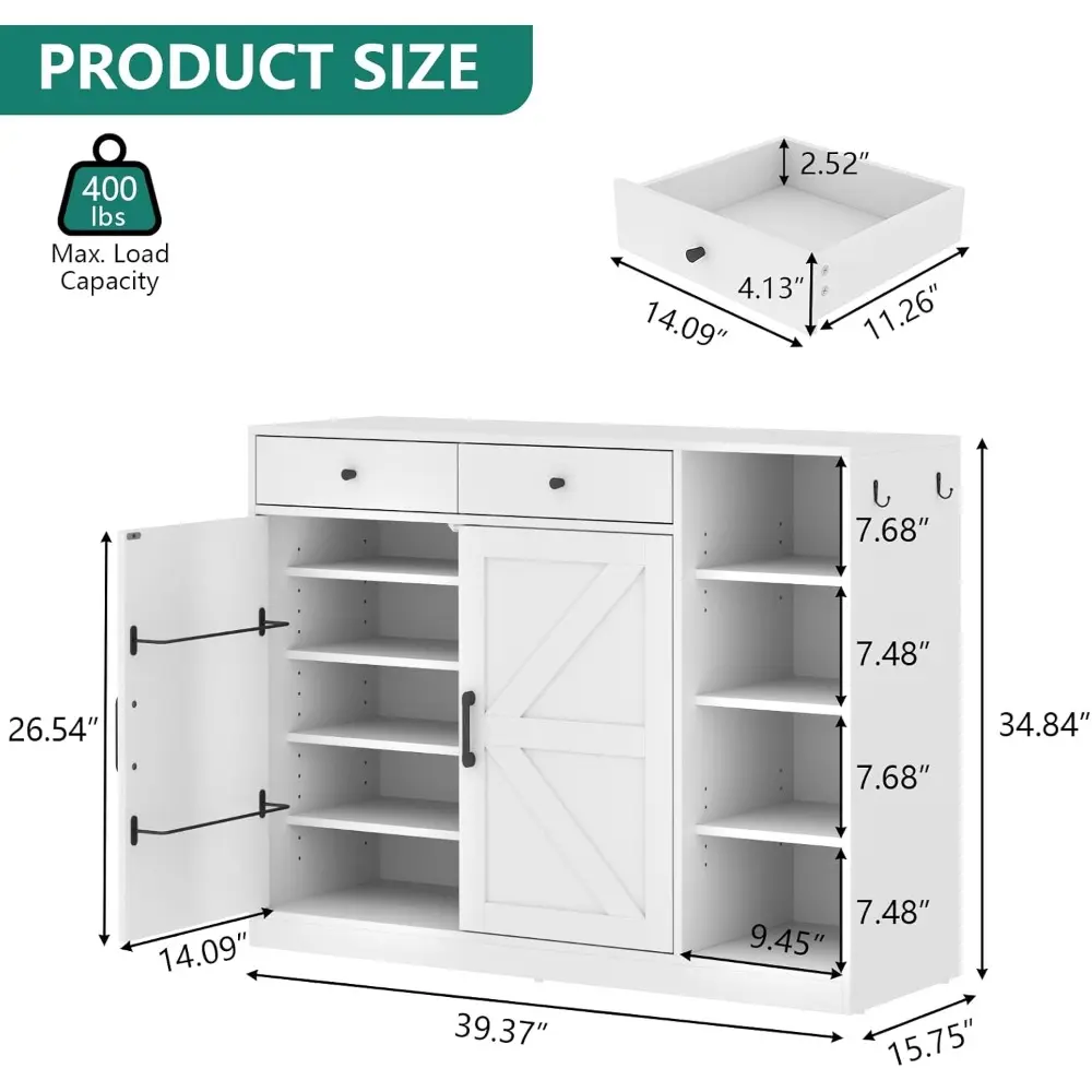 5-Tier Shoe Cabinet with 4 Side Cubbies, Farmhouse Shoe Rack Cabinet with 6 Adjustable Shelves & 2 Drawers, Freestanding Shoe S