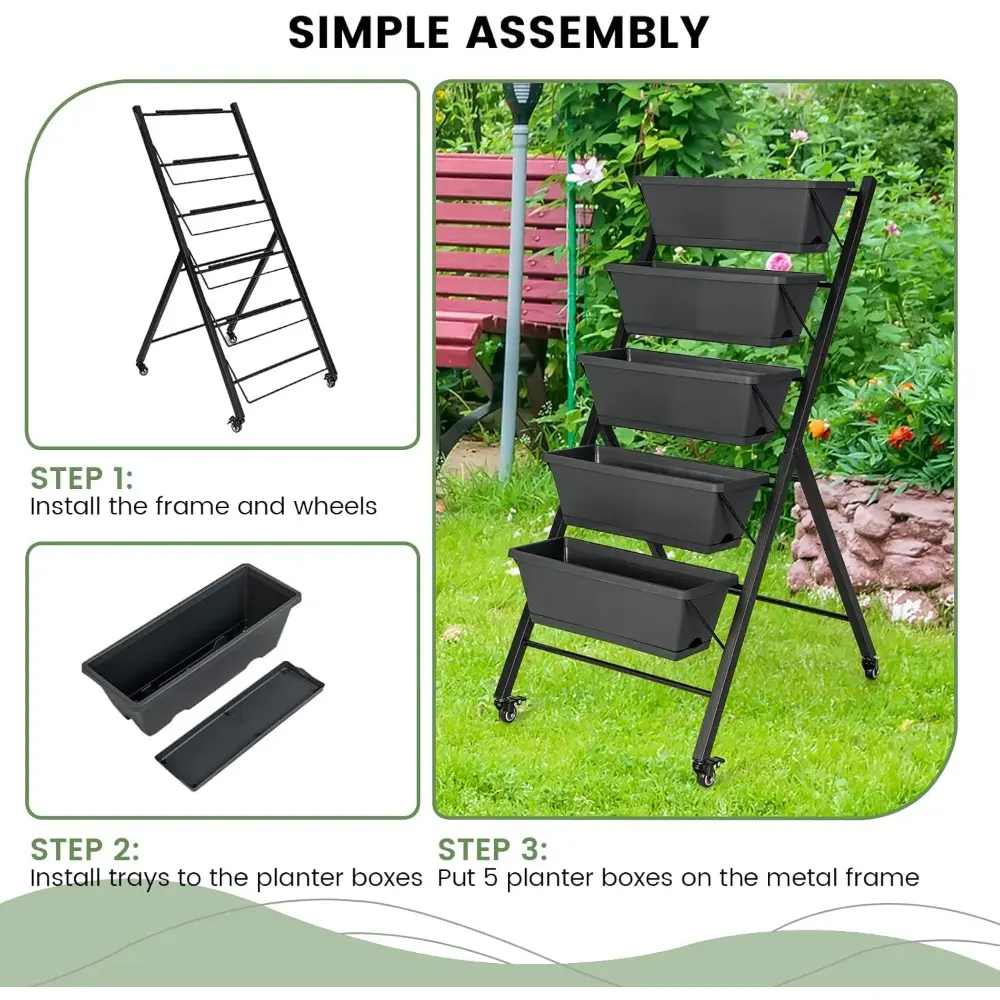 Giantex Set of 2 Vertical Raised Garden Bed on Wheels, Elevated Planter Raised Beds with Water Drainage, Freestanding 5 Containe