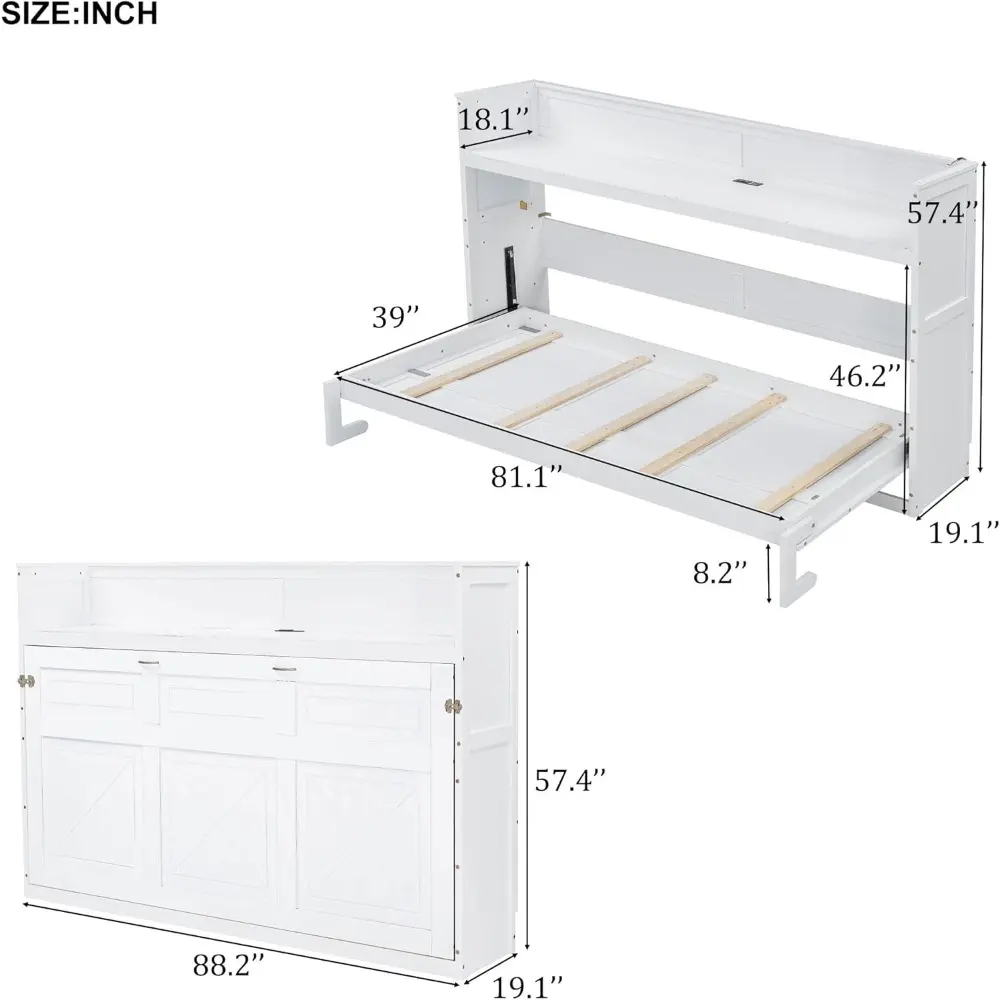 Twin XL Murphy Bed, Cabinet Murphy Bed with Desk, LED Light and USB Charging Station, Can Be Folded into Cabinet, Foldable Bed F