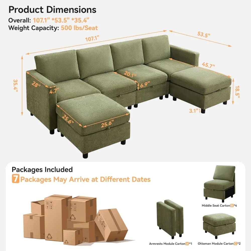 107”Modular Sectional Sofa Convertible U Shaped Sofa Couch Set with Storage for Living Room, Modern 6 Seater Modular Sectional C
