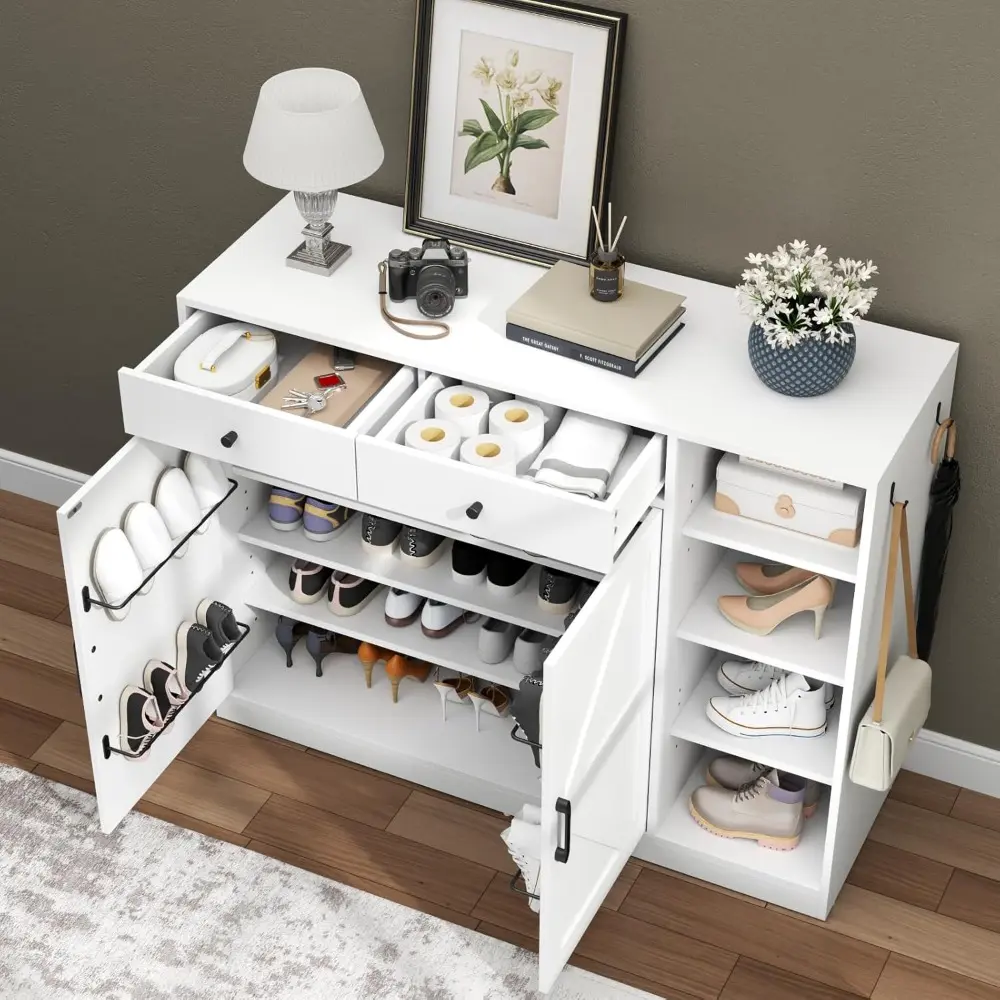 5-Tier Shoe Cabinet with 4 Side Cubbies, Farmhouse Shoe Rack Cabinet with 6 Adjustable Shelves & 2 Drawers, Freestanding Shoe S