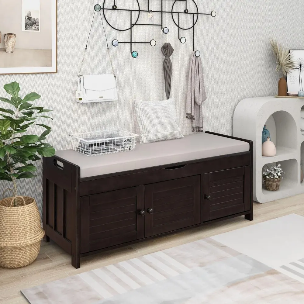 Rustic Storage Bench with 3 Shutter Shaped Doors Removable Cushion Rectangular Storage Ottoman Cabinet Foot Rest Stool Wood Sho