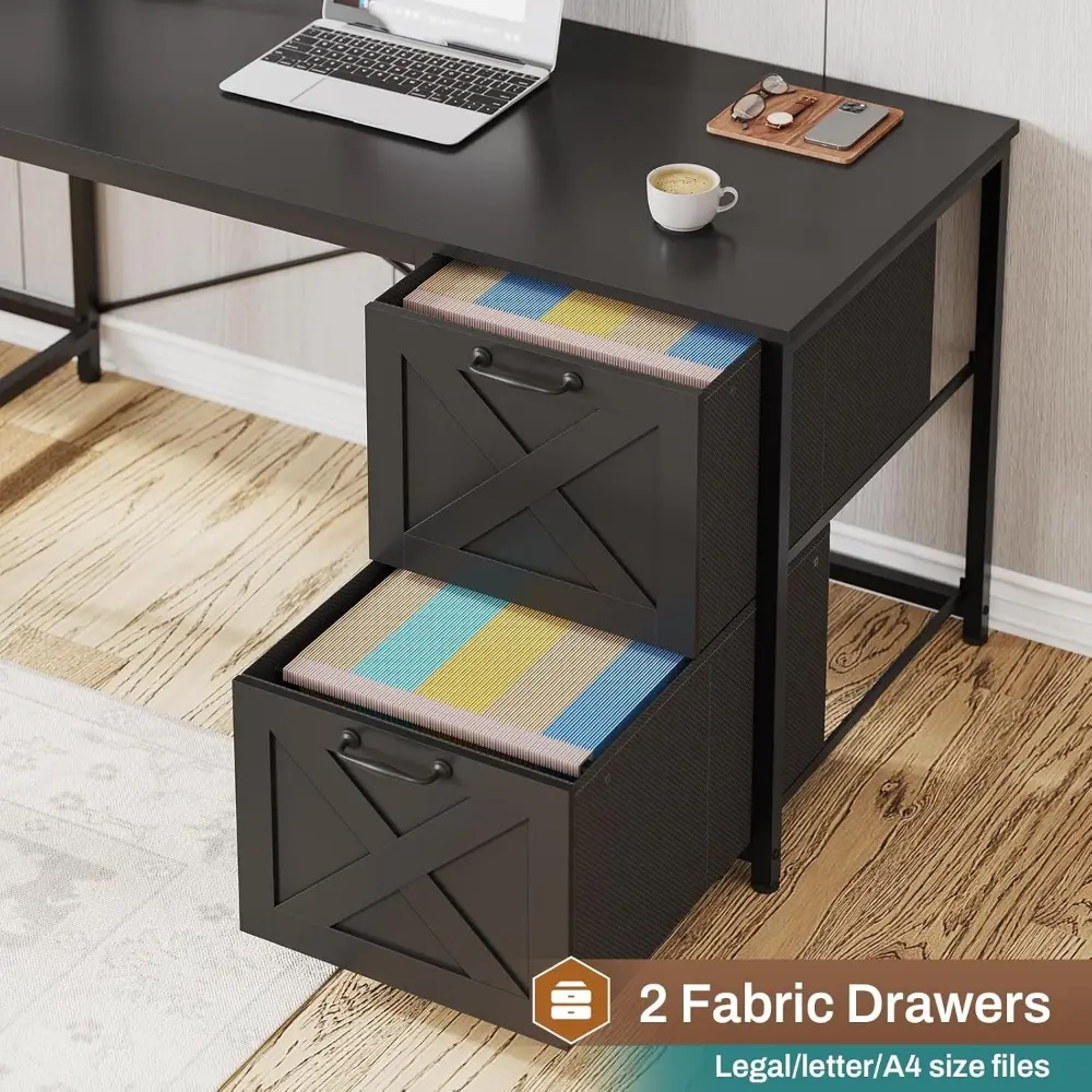 Corner Computer Desk, Reversible L Shaped Computer Desk with Fabric Drawers and Power Outlet, Gaming Desk with Led Lights, Hutc