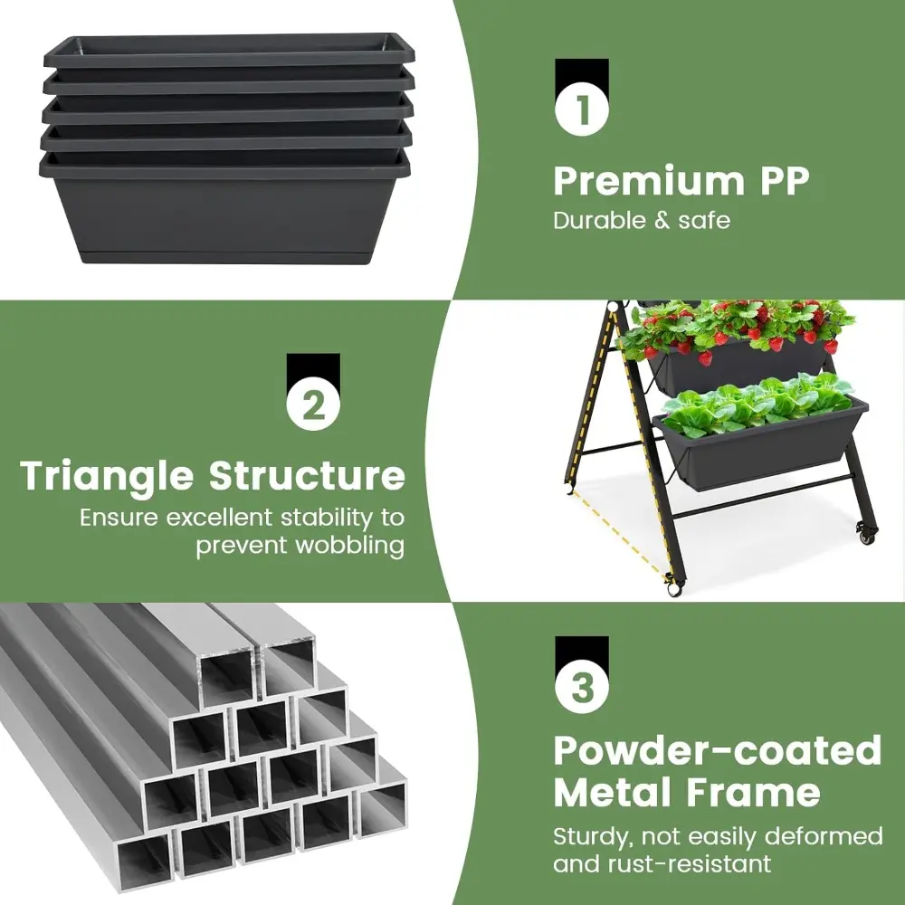 Giantex Set of 2 Vertical Raised Garden Bed on Wheels, Elevated Planter Raised Beds with Water Drainage, Freestanding 5 Containe