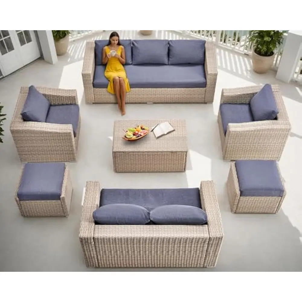 10-Piece Outdoor Patio Furniture Set, Wicker Outdoor Couch Conversation Set with Storage Coffee Table, 2 Ottomans, Patio Sectio