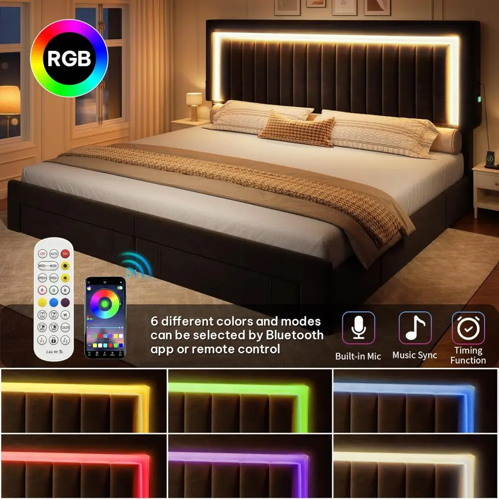 YITAHOME King Size Bed Frame with Adjustable Headboard, 4 Storage Drawers and RGB LED Lights, Velvet Upholstered Platform Bed wi