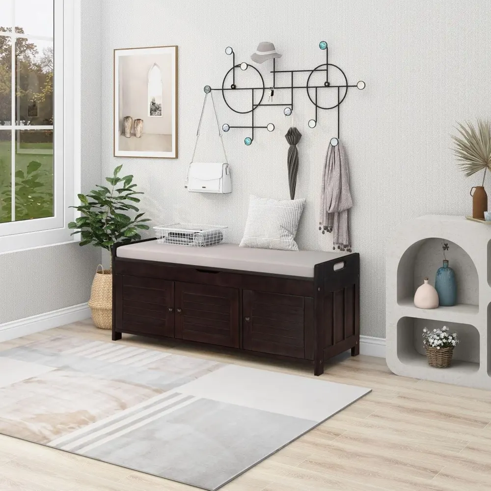 Rustic Storage Bench with 3 Shutter Shaped Doors Removable Cushion Rectangular Storage Ottoman Cabinet Foot Rest Stool Wood Sho