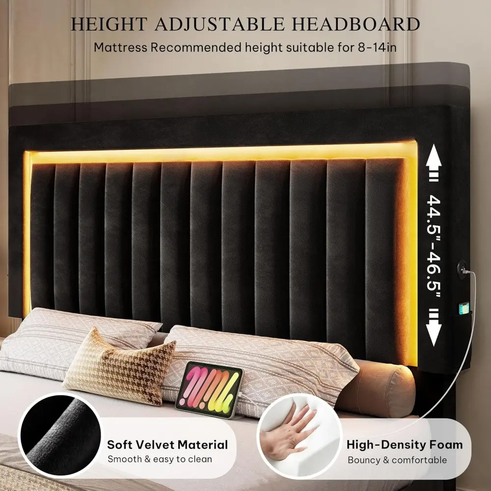 YITAHOME King Size Bed Frame with Adjustable Headboard, 4 Storage Drawers and RGB LED Lights, Velvet Upholstered Platform Bed wi