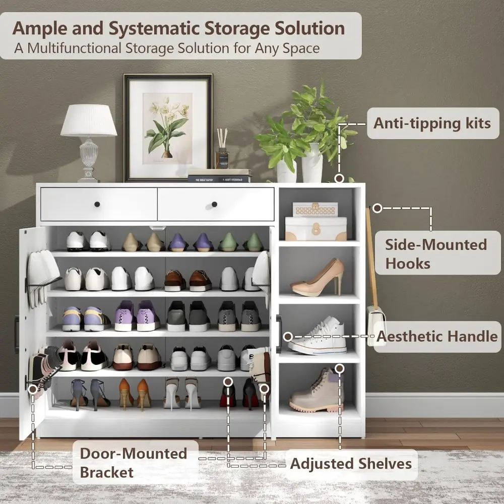 5-Tier Shoe Cabinet with 4 Side Cubbies, Farmhouse Shoe Rack Cabinet with 6 Adjustable Shelves & 2 Drawers, Freestanding Shoe S