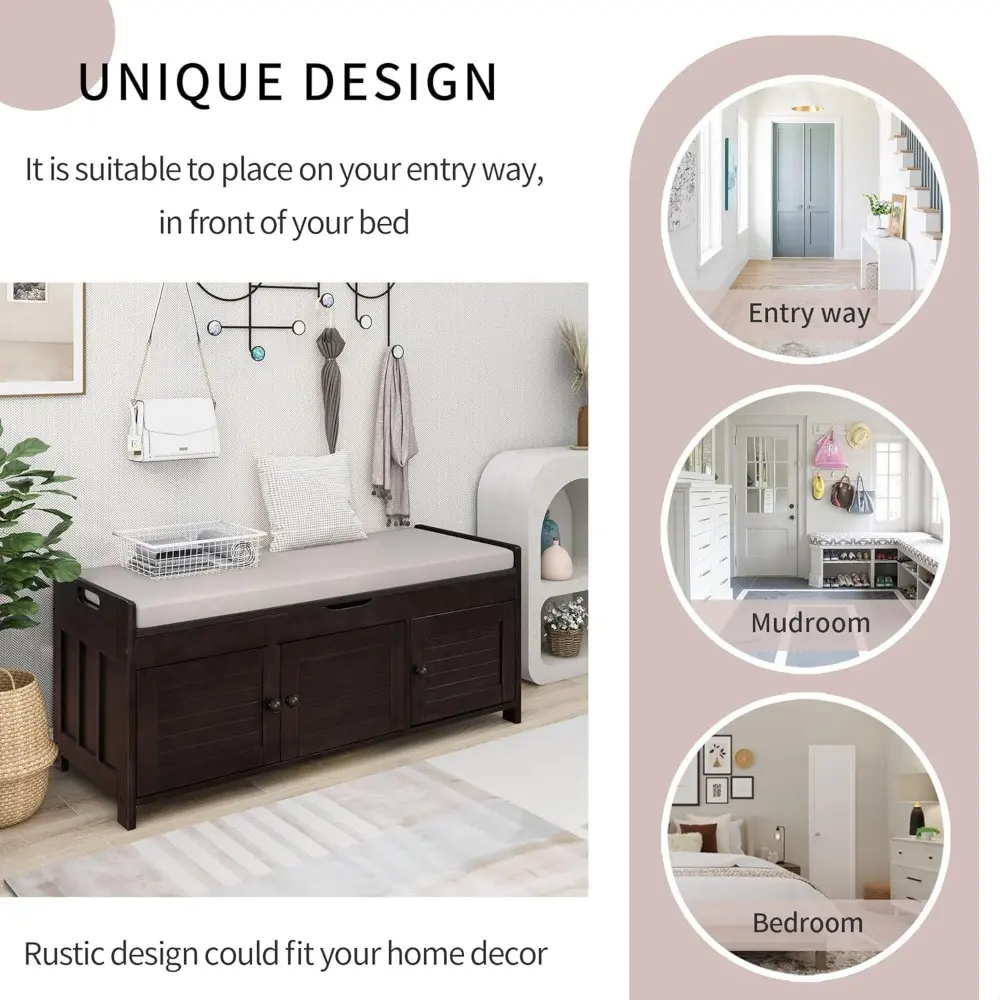 Rustic Storage Bench with 3 Shutter Shaped Doors Removable Cushion Rectangular Storage Ottoman Cabinet Foot Rest Stool Wood Sho