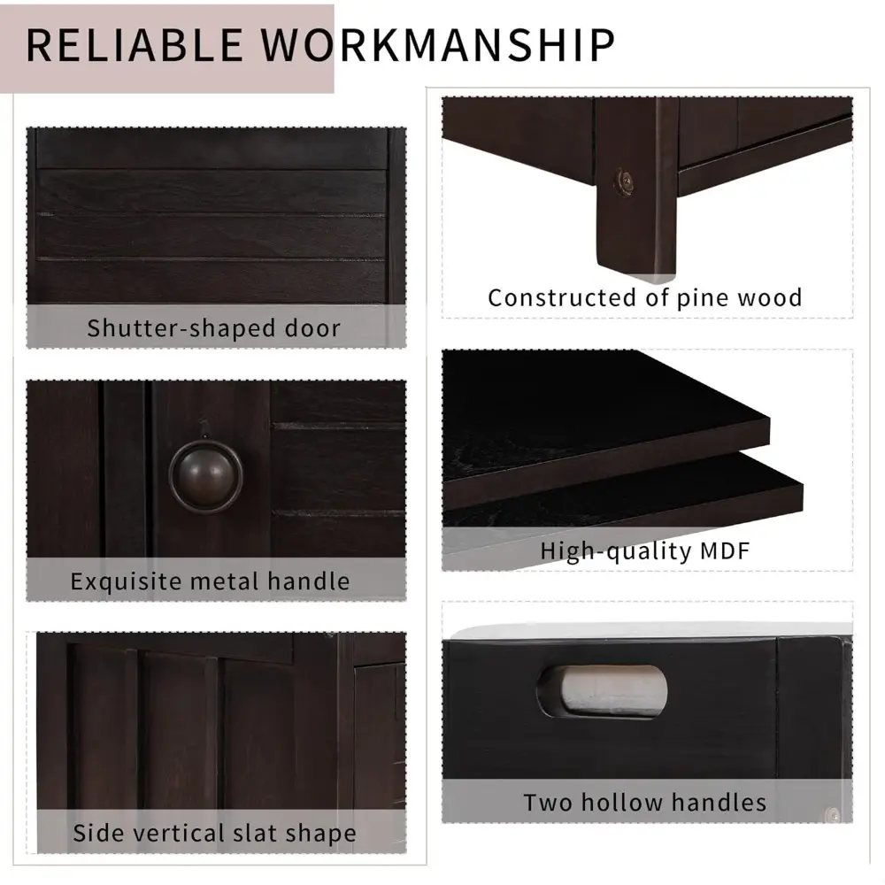 Rustic Storage Bench with 3 Shutter Shaped Doors Removable Cushion Rectangular Storage Ottoman Cabinet Foot Rest Stool Wood Sho