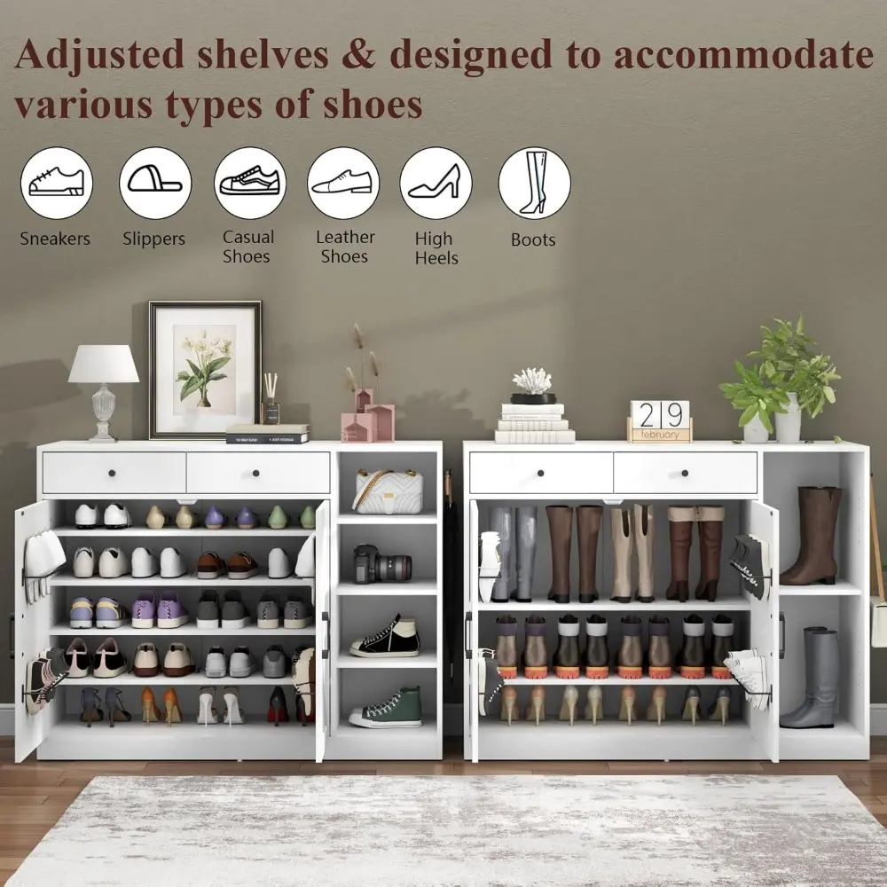 5-Tier Shoe Cabinet with 4 Side Cubbies, Farmhouse Shoe Rack Cabinet with 6 Adjustable Shelves & 2 Drawers, Freestanding Shoe S