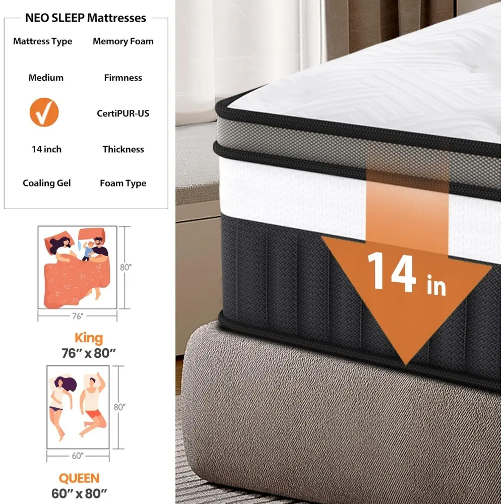 King Size Memory Foam Mattress, 14inch Gel Memory Foam Mattress, Breathable Mattress in a Box, Certified Safe Foams & Fabric, Zo