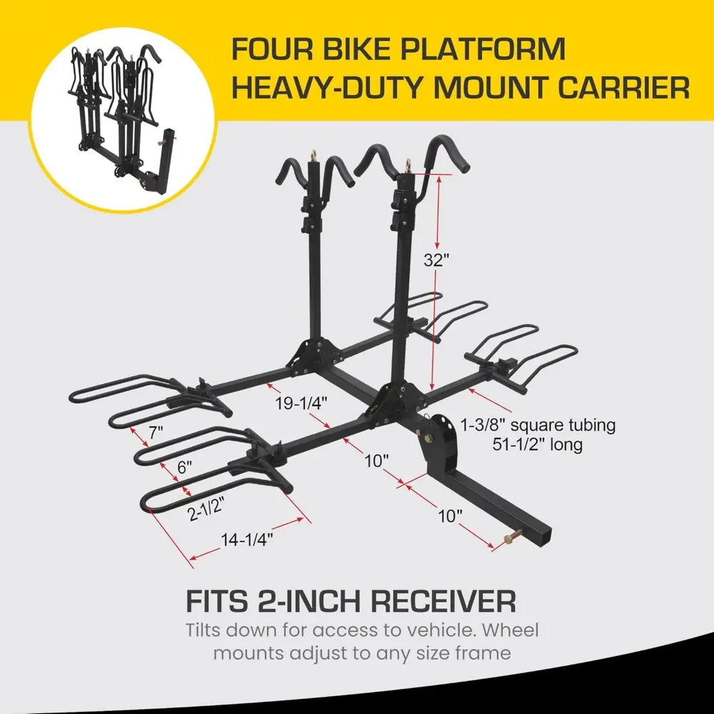 BC-204HD Heavy Duty Platform Mount Bike Rack – Folding Hitch Carrier for 4 Bikes, Fits 2" Hitch Receiver, Durable Transport Sol