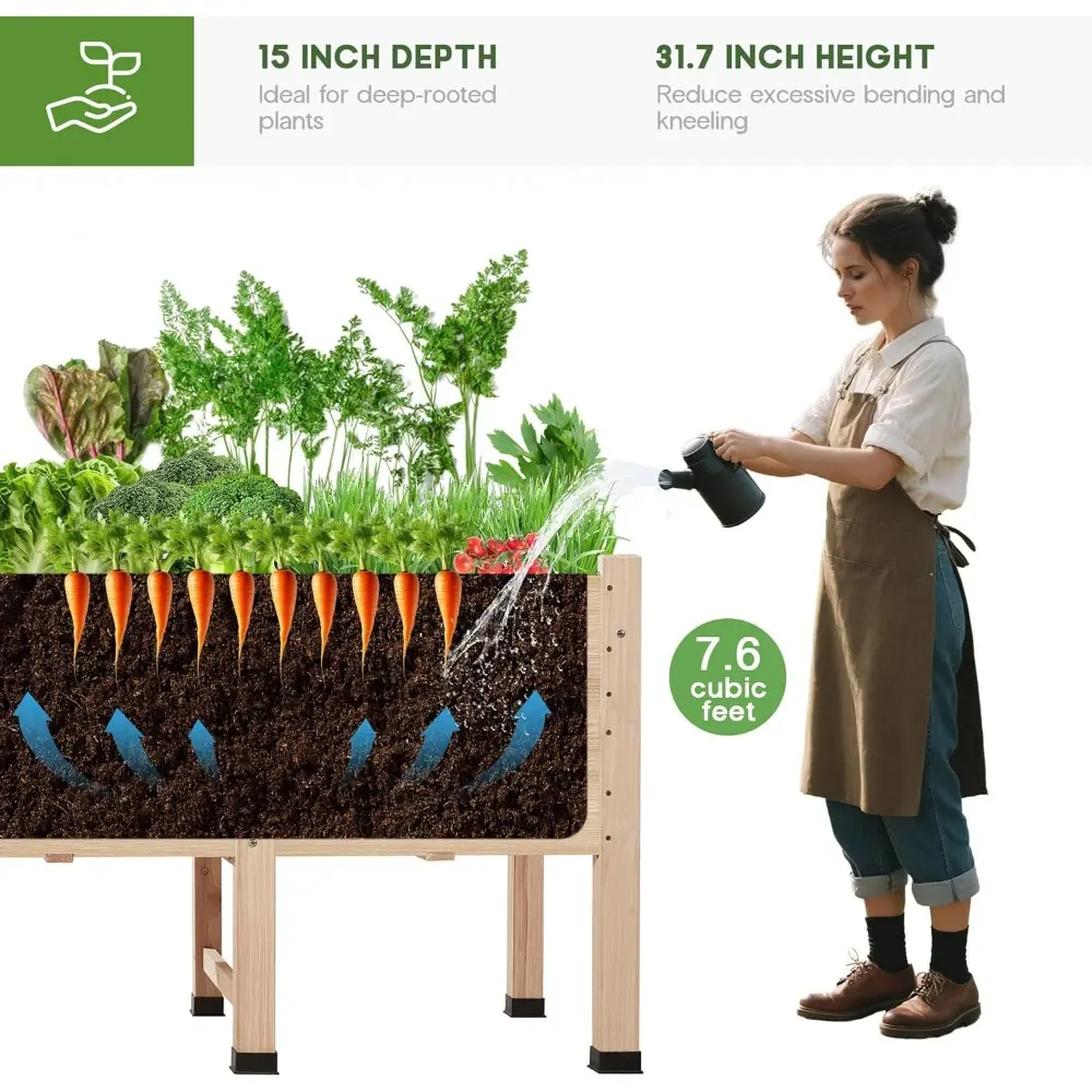 4x2FT Wooden Raised Garden Bed with Legs - 15 Inch Deep Elevated Planter Box Outdoors for Deep Rooted Plants, Ideal for Balcony,
