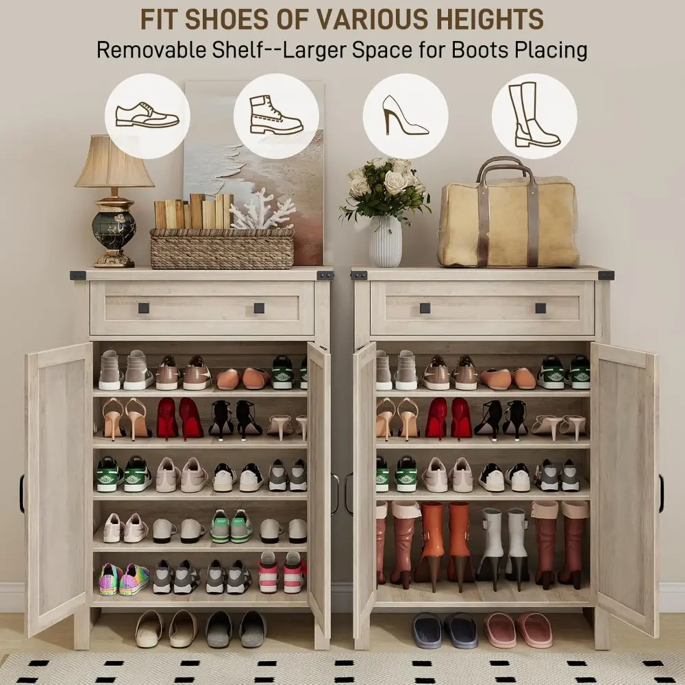 Shoe Cabinet, Farmhouse Shoe Storage Organizer, Shoe Storage Cabinet with Doors & Drawer, Boots High-Shoe Cabinet Organizer for