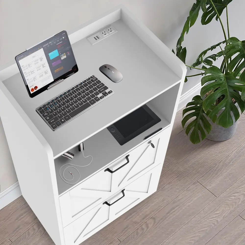 2 Drawer Lateral File Cabinet with Charging Station, Wood Filing Cabinet with Lock & LED Light, Large Storage Printer Stand for