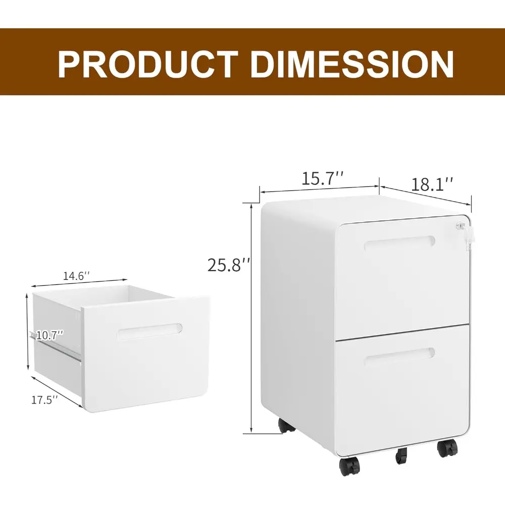2 Drawer File Cabinet with Lock and 4 Keys, Mobile Metal Filing Cabinet, File Cabinets for Home Office, Under Desk, Pre-Assembly