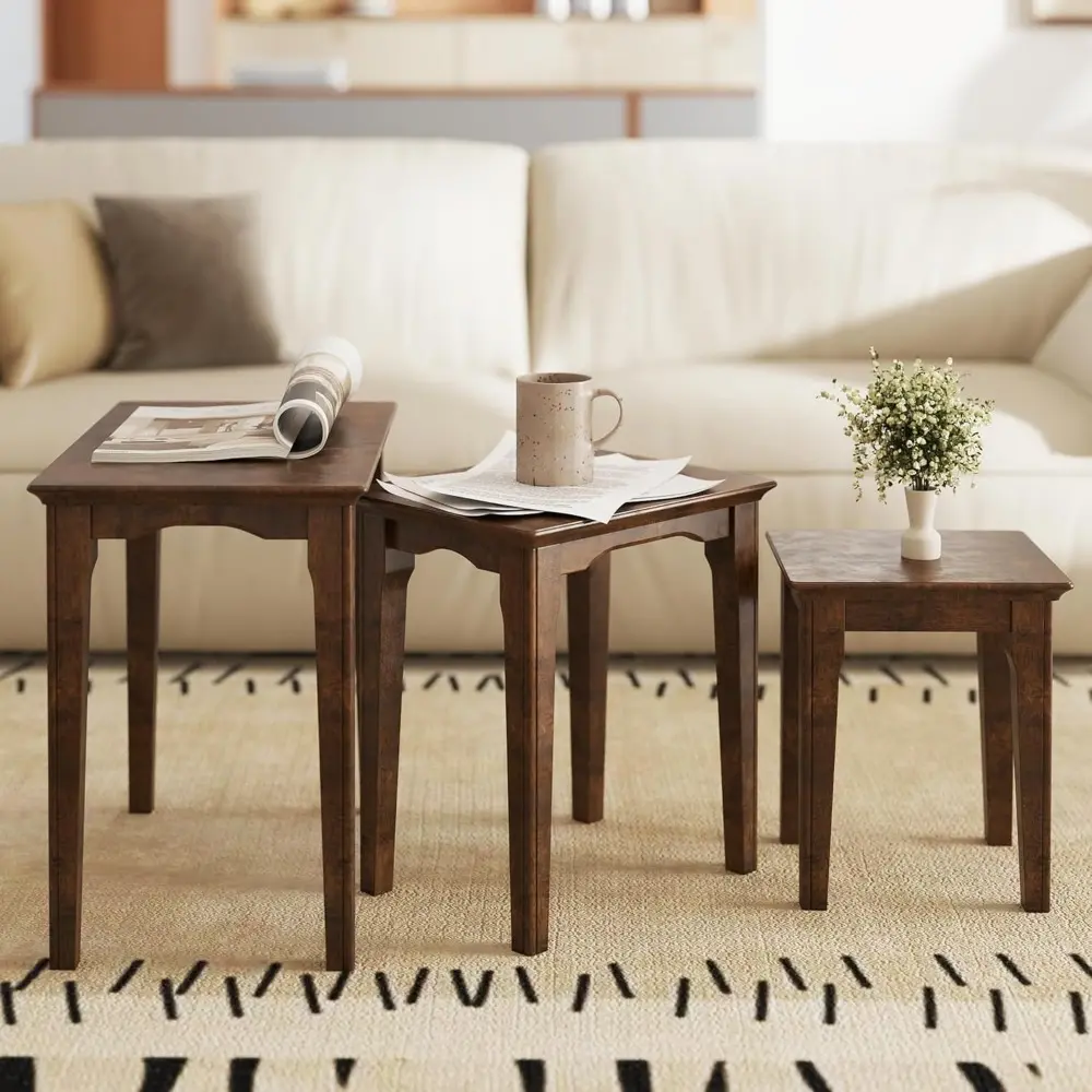 Side Tables Nesting Coffee Tables Set of 3 Wooden Small End Table for Living Room Bathroom Bedroom Low Tea, Walnut Color