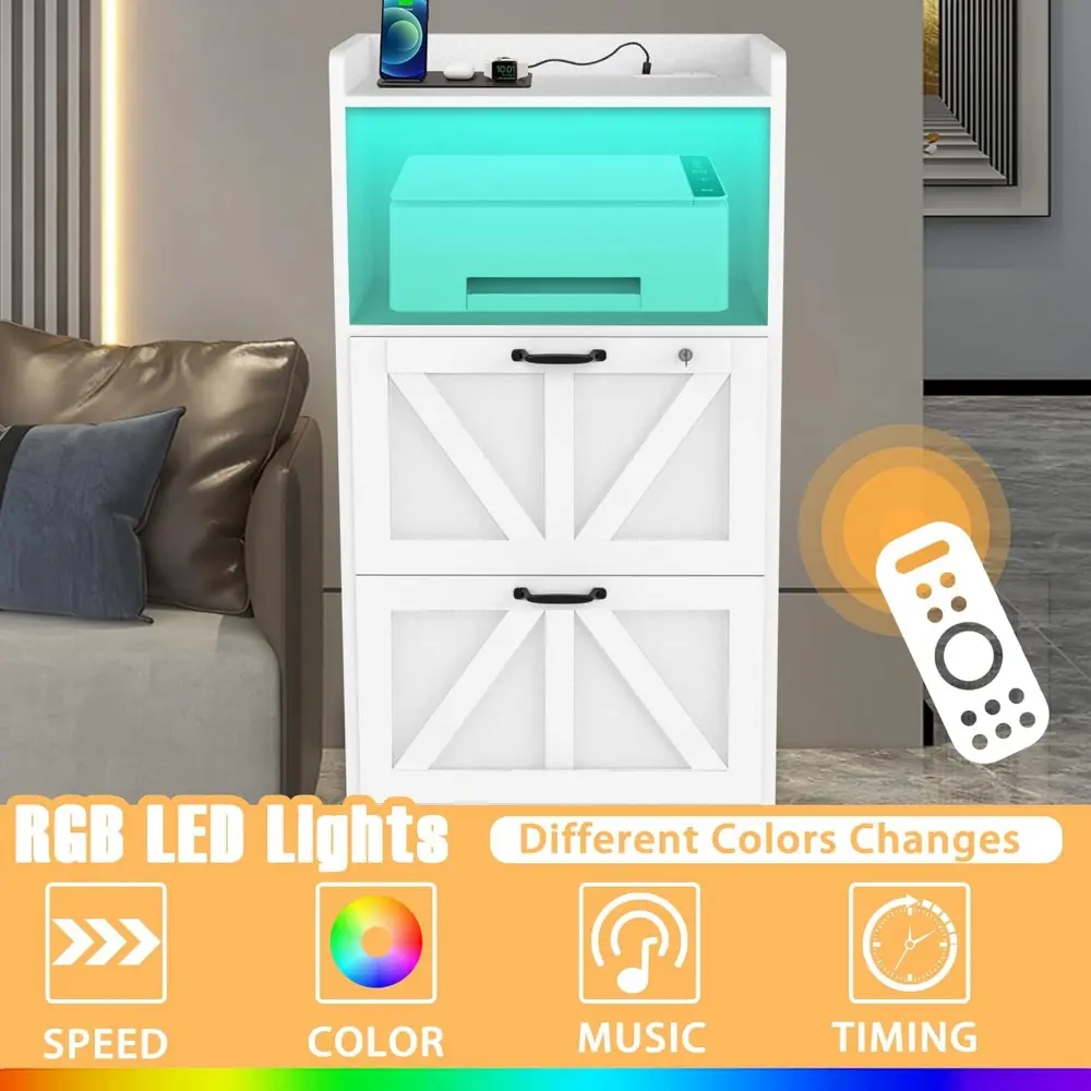 2 Drawer Lateral File Cabinet with Charging Station, Wood Filing Cabinet with Lock & LED Light, Large Storage Printer Stand for