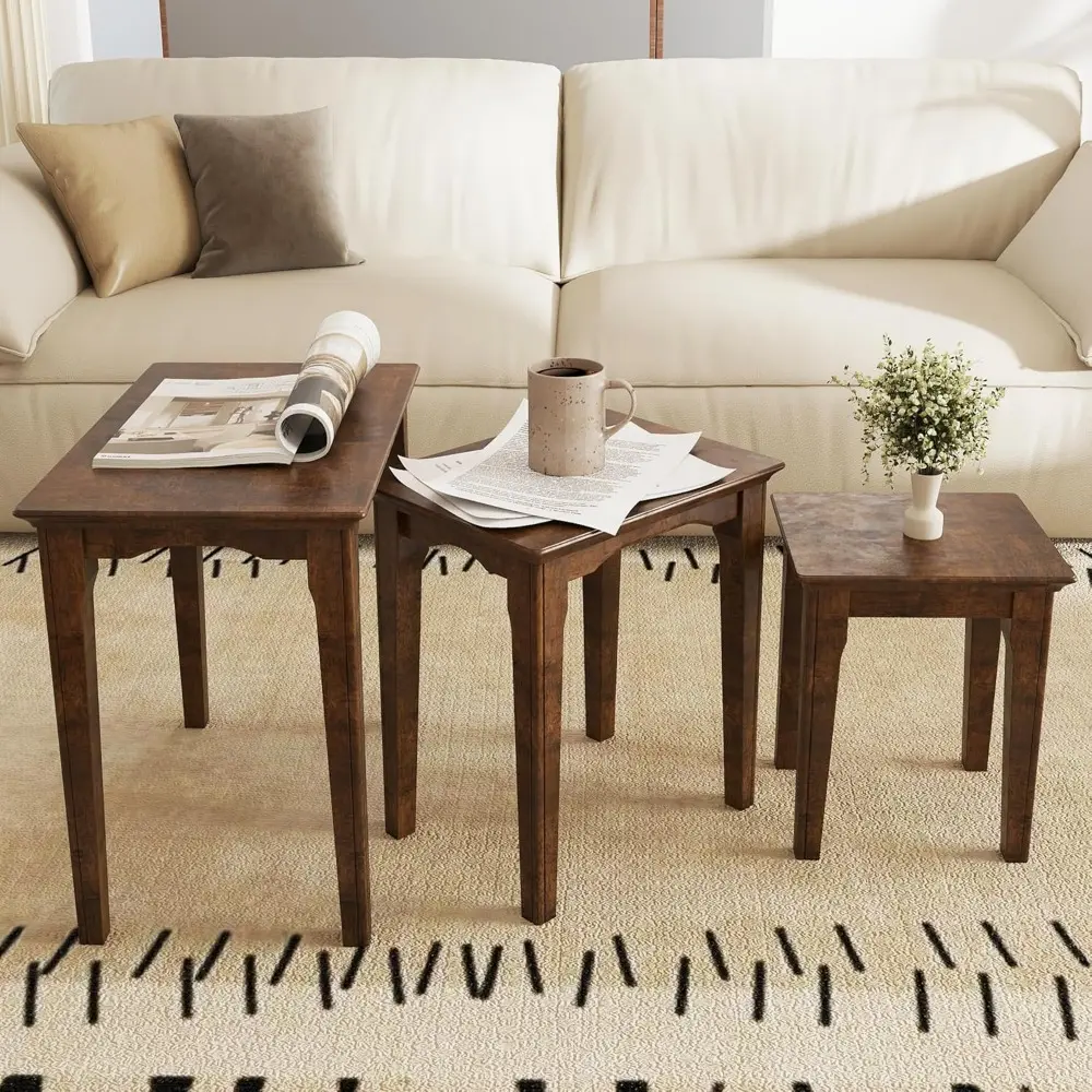 Side Tables Nesting Coffee Tables Set of 3 Wooden Small End Table for Living Room Bathroom Bedroom Low Tea, Walnut Color
