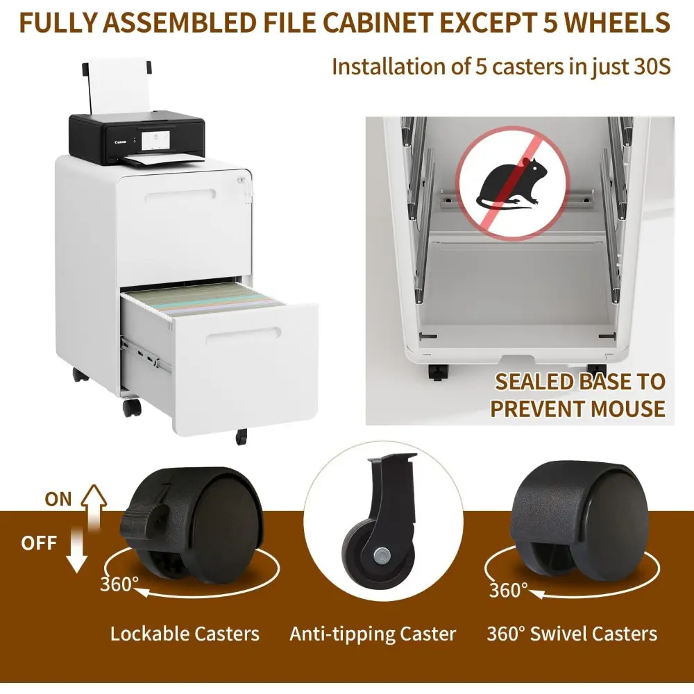 2 Drawer File Cabinet with Lock and 4 Keys, Mobile Metal Filing Cabinet, File Cabinets for Home Office, Under Desk, Pre-Assembly