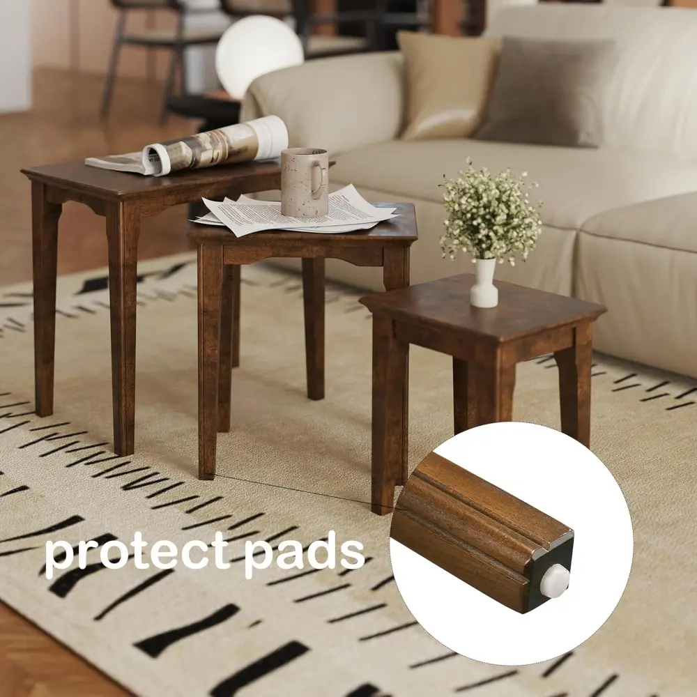 Side Tables Nesting Coffee Tables Set of 3 Wooden Small End Table for Living Room Bathroom Bedroom Low Tea, Walnut Color