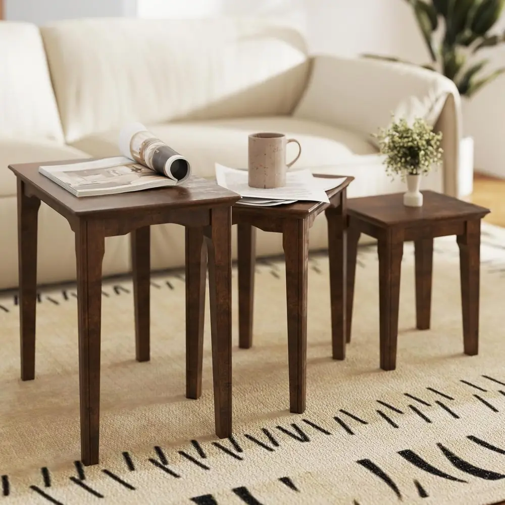 Side Tables Nesting Coffee Tables Set of 3 Wooden Small End Table for Living Room Bathroom Bedroom Low Tea, Walnut Color