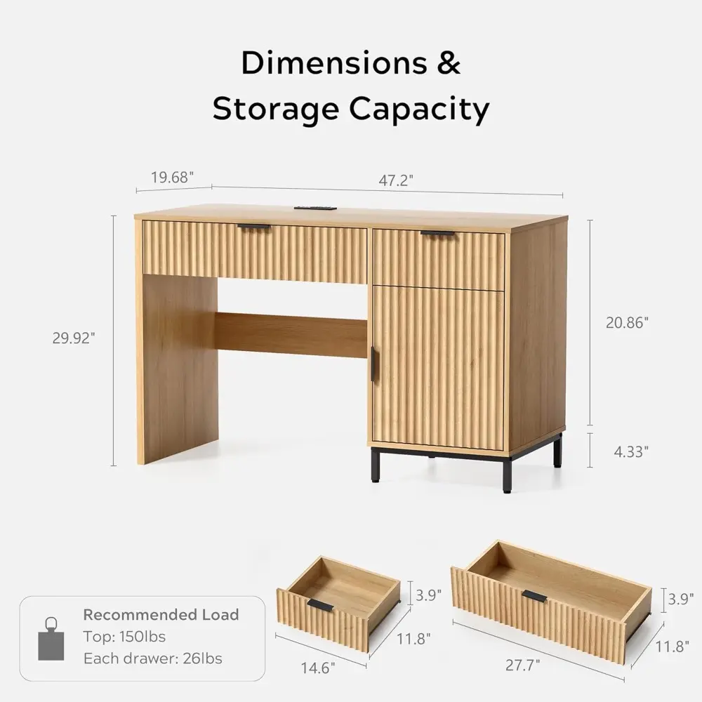 47" Fluted Executive Desk, Modern Wood Home Office Desk with Charging Station, Drawer & Cabinet, Computer Writing Desk for Work