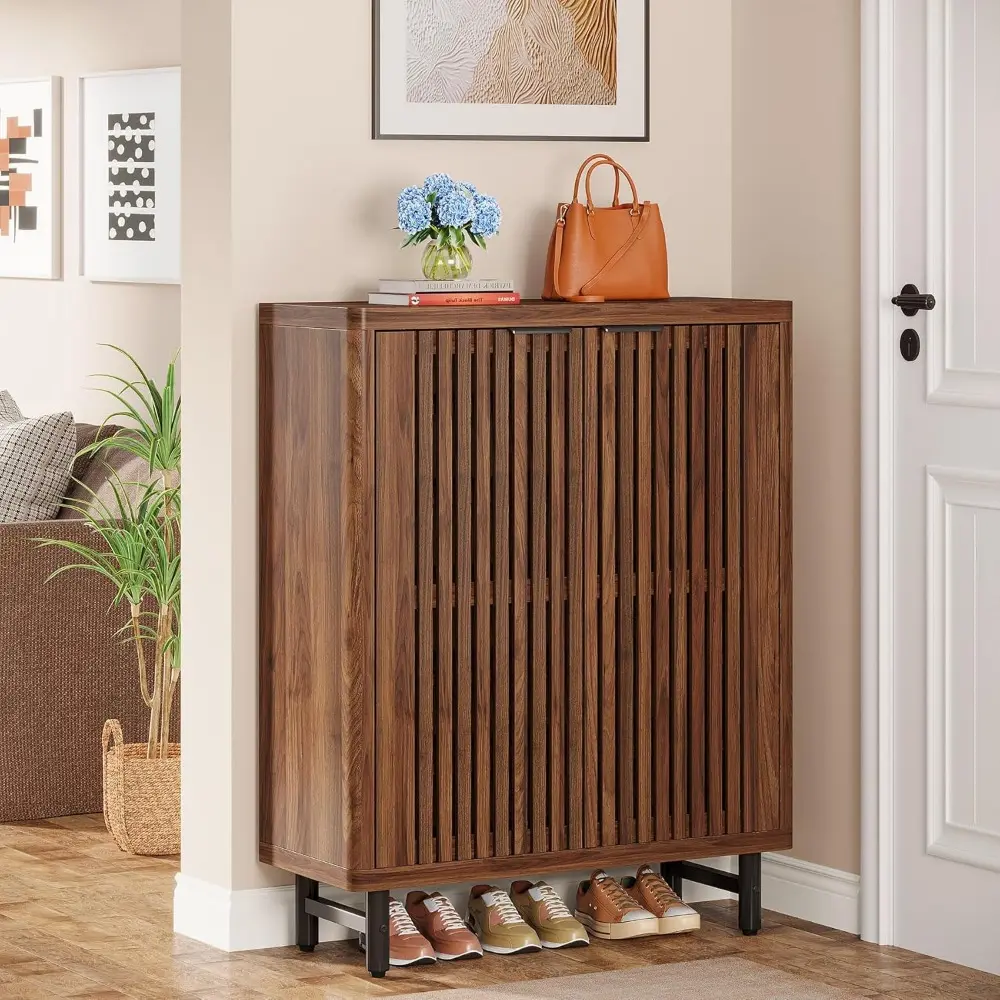 Shoe Cabinet with Shutter Doors, 6-Tier Entryway Shoe Cabinet with Adjustable Shelves, Wooden Modern Rack Organizer for Entrywa