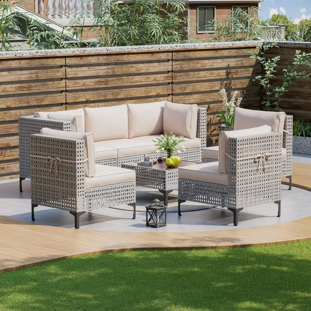 7-Piece Outdoor Patio Furniture Set, All-Weather Rattan Sectional Sofa with Thick Cushions, Modular Conversation Set for Poolsid