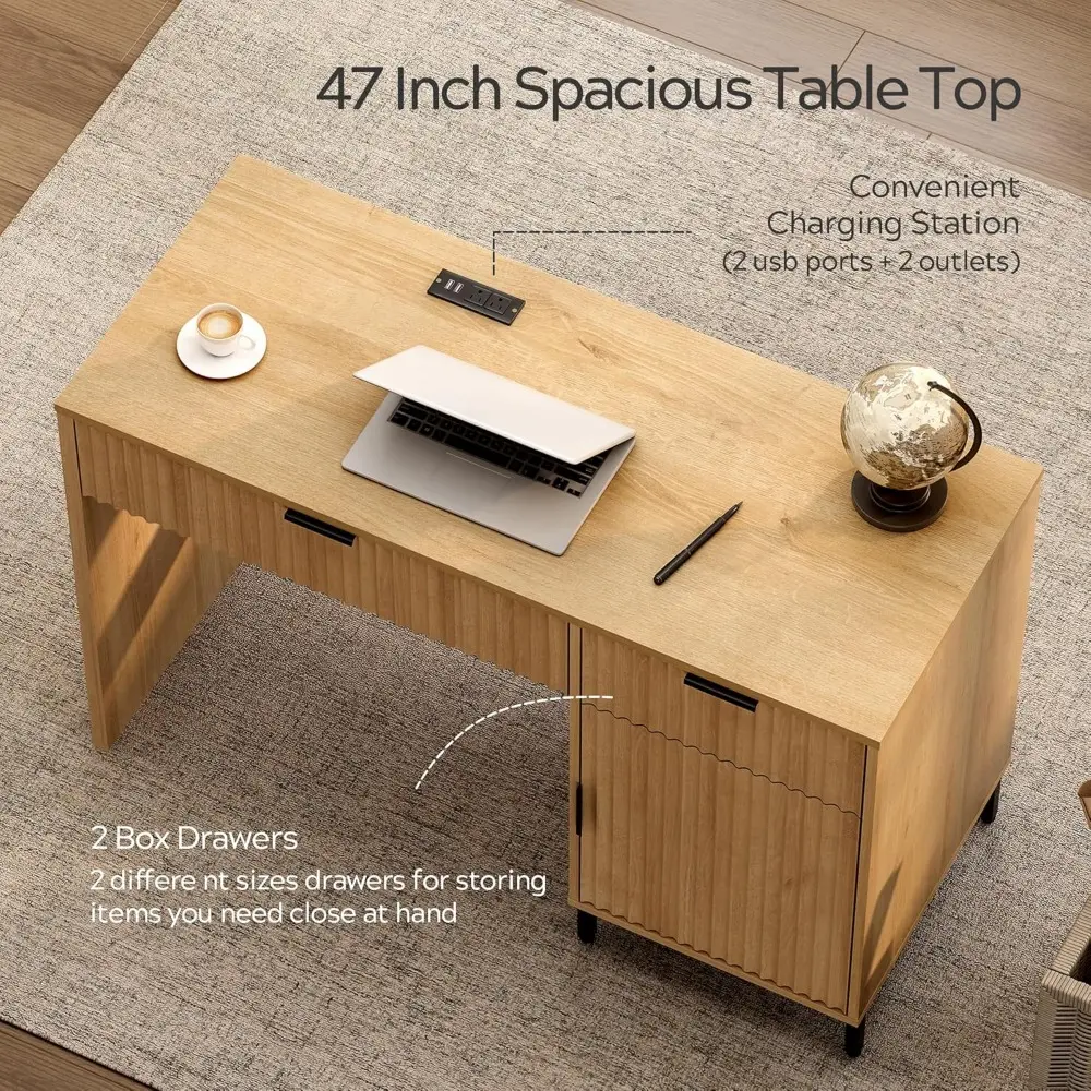 47" Fluted Executive Desk, Modern Wood Home Office Desk with Charging Station, Drawer & Cabinet, Computer Writing Desk for Work