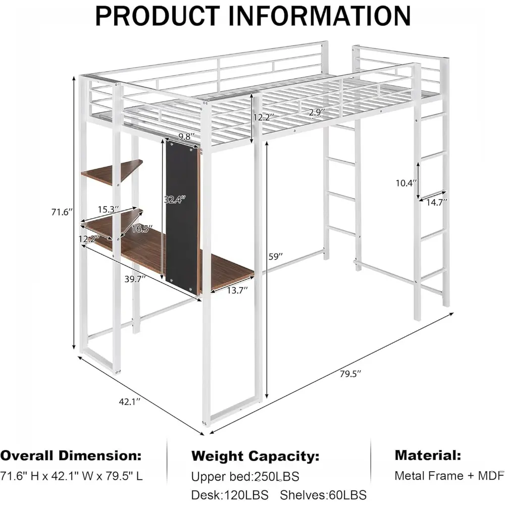 Merax Metal Loft Bed with 2 Shelves and one Desk, Loft Bed Frame with 2 Built-in Ladders,12.2/'' H Safety Guardrail,Noise Free,N