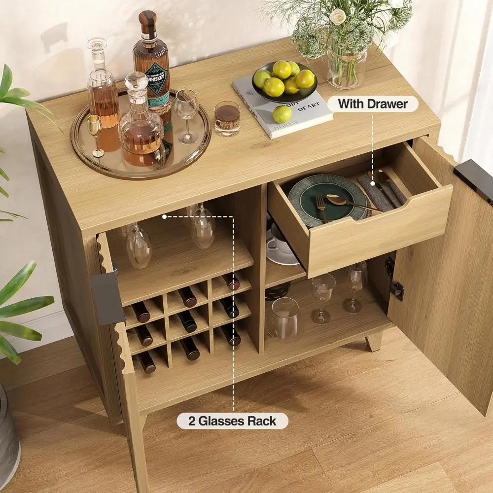 Modern Fluted Coffee Bar Cabinet with Removable Wine Rack and Adjustable Shelf, Solid Wood Legs, Multi-Functional Sideboard Buff