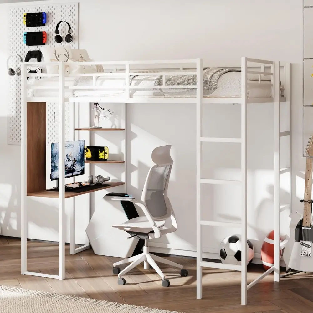 Merax Metal Loft Bed with 2 Shelves and one Desk, Loft Bed Frame with 2 Built-in Ladders,12.2/'' H Safety Guardrail,Noise Free,N